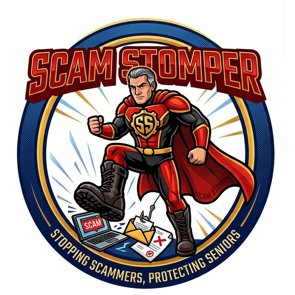 ScamStomper superhero mascot badge logo
