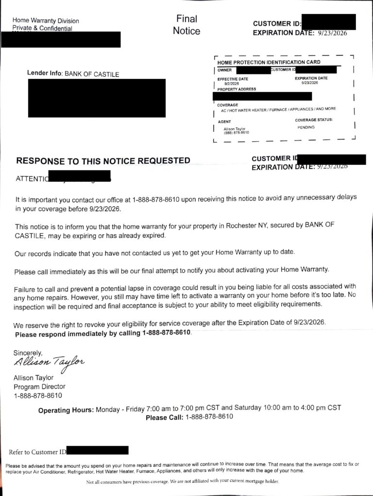 Scanned home warranty scam letter with the recipient's name, street address, and customer ID number blacked out; Rochester, NY is still visible